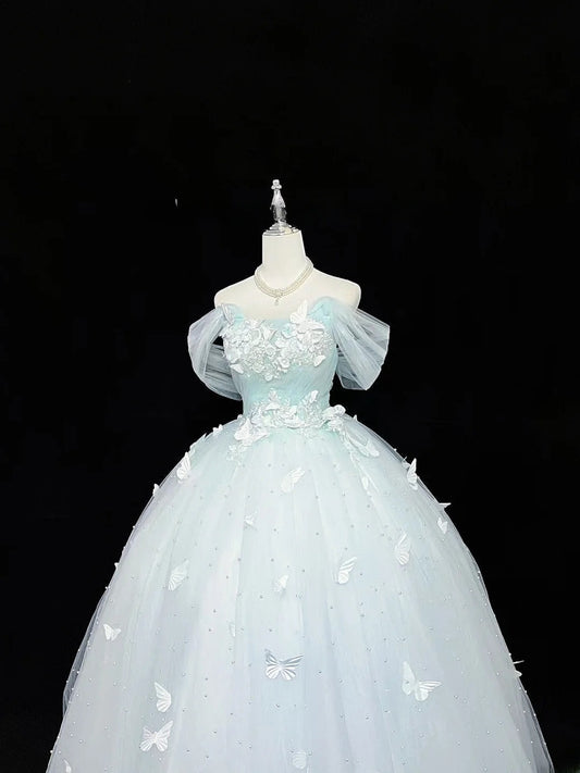 Süßes Ballkleid schulterfrei hellblau aus Tüll mit Perlen Quince Kleid voluminöse Ideen Sweet 16 Quinceanera Kleider Vestido de 15 RB7477