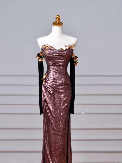 Robe de soirée sirène scintillante sans bretelles à sequins avec manches gants, longue et élégante, idéale pour un bal de promo ou un dîner. AQ107