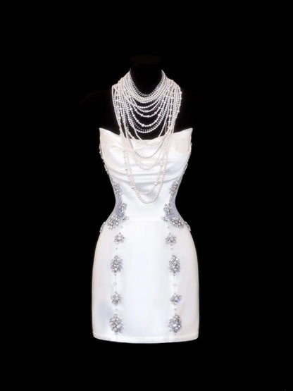 Robes de mariée élégantes asymétriques sans bretelles à sequins blancs et perles, courtes, tailles petites et grandes, pour femmes SA107