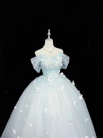 Cute Ball Gown Off The Shoulder Light Blue Tulle With Pearls Quince Dress Voluminous Ideas Sweet 16 Quinceanera Dresses Vestido de 15 RB7477