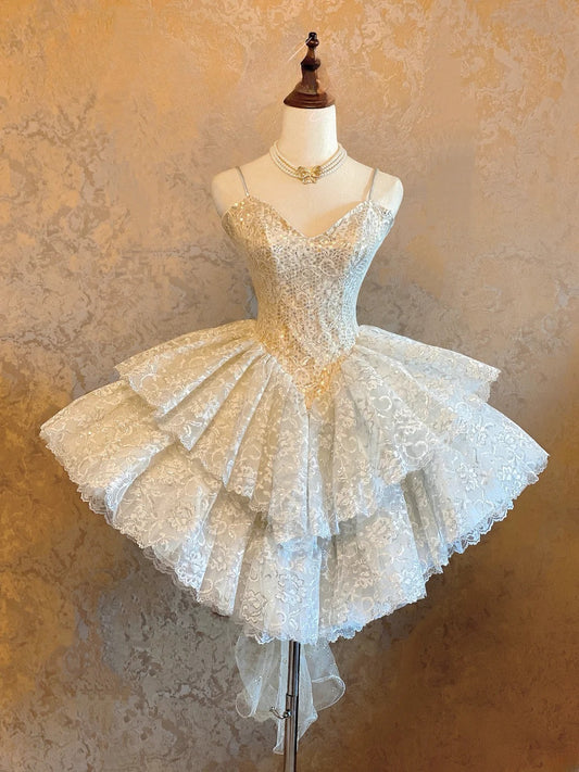 Cute Ball Gown Spaghetti Straps White Lace Sequin Short Party Dresses Homecoming Cocktail Gown RB9077