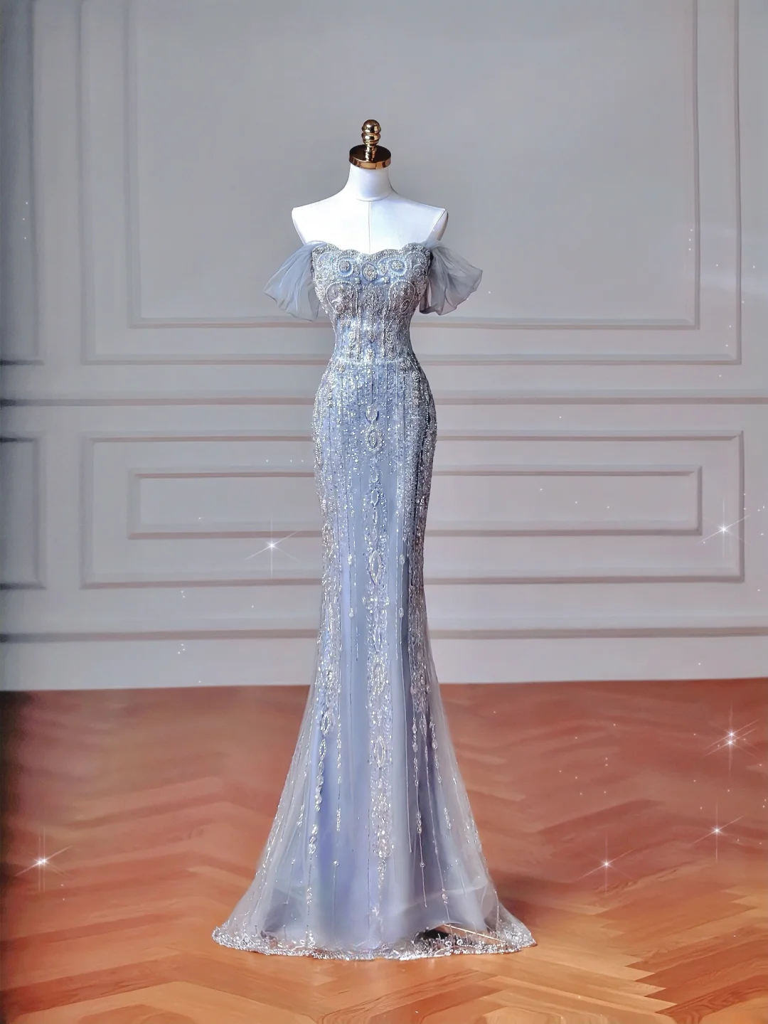 Robe de soirée sirène longue, bustier, bleu clair à sequins scintillants et manches longues, style bal de promo, élégante et sophistiquée, idéale pour un dîner ou une fête (AQ108)