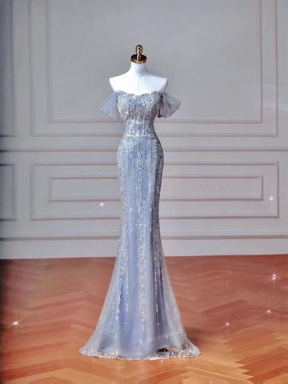 Robe de soirée sirène longue, bustier, bleu clair à sequins scintillants et manches longues, style bal de promo, élégante et sophistiquée, idéale pour un dîner ou une fête (AQ108)