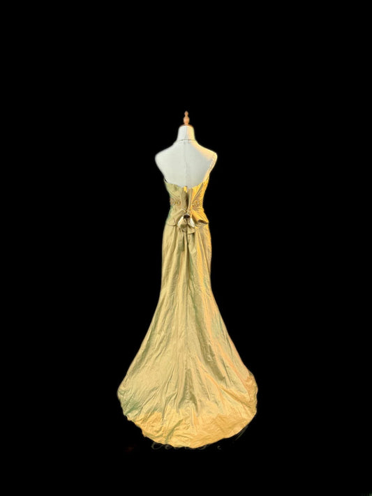 Vintage 70er Jahre Abschlussballkleider Meerjungfrau Sweetheart Gold Ärmellos für Damen Lange Abendgarderobe RB3570