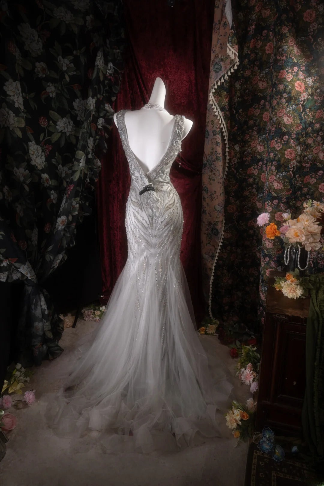 Elegant Mermaid V Neckline Silver Gray Tulle With Beading Long Prom Dresses Formal Outfit Evening Night Dress RB8124