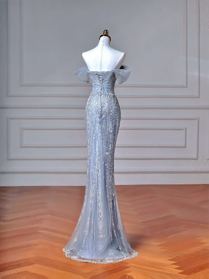 Robe de soirée sirène longue, bustier, bleu clair à sequins scintillants et manches longues, style bal de promo, élégante et sophistiquée, idéale pour un dîner ou une fête (AQ108)
