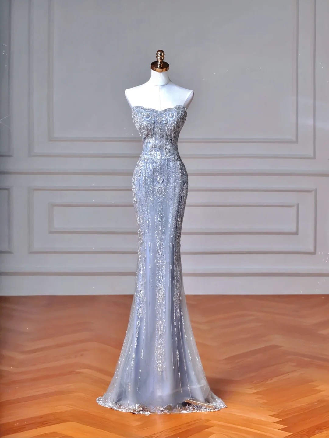 Robe de soirée sirène longue, bustier, bleu clair à sequins scintillants et manches longues, style bal de promo, élégante et sophistiquée, idéale pour un dîner ou une fête (AQ108)