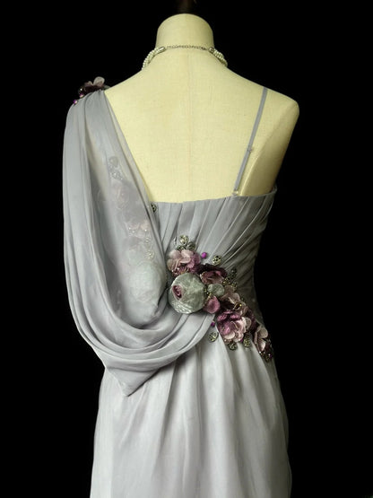 Vintage 70s Prom Dresses Mermaid Spaghetti Strap Silver Gray With Flowers Long Evening Dress Formal Outfits RB5919