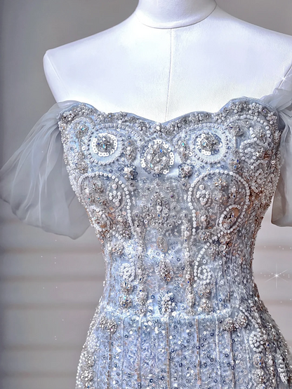 Robe de soirée sirène longue, bustier, bleu clair à sequins scintillants et manches longues, style bal de promo, élégante et sophistiquée, idéale pour un dîner ou une fête (AQ108)