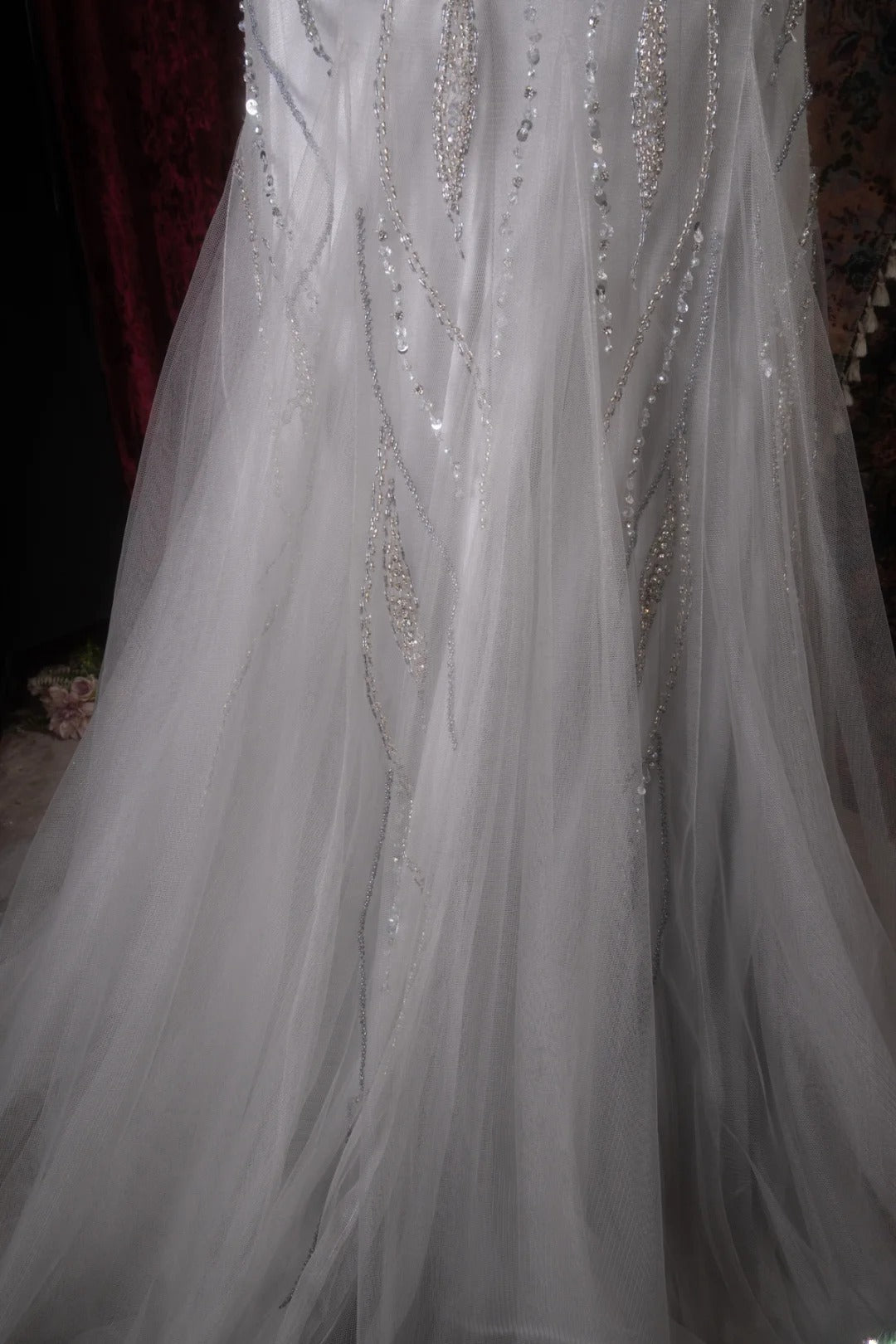 Elegant Mermaid V Neckline Silver Gray Tulle With Beading Long Prom Dresses Formal Outfit Evening Night Dress RB8124