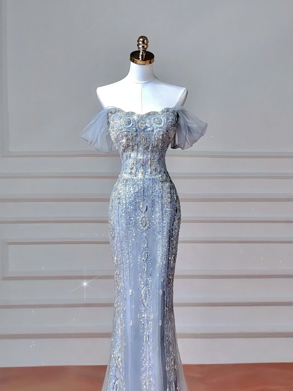 Robe de soirée sirène longue, bustier, bleu clair à sequins scintillants et manches longues, style bal de promo, élégante et sophistiquée, idéale pour un dîner ou une fête (AQ108)