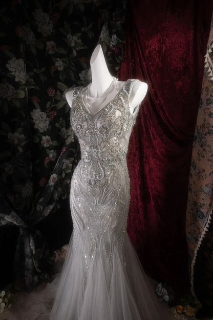 Elegant Mermaid V Neckline Silver Gray Tulle With Beading Long Prom Dresses Formal Outfit Evening Night Dress RB8124