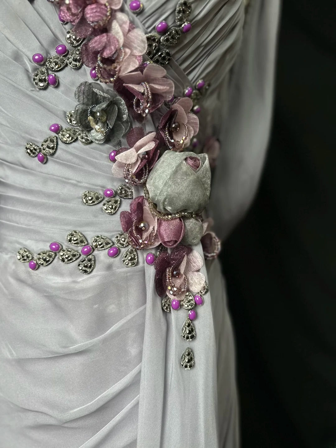 Vintage 70s Prom Dresses Mermaid Spaghetti Strap Silver Gray With Flowers Long Evening Dress Formal Outfits RB5919