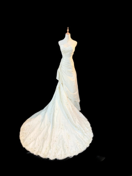 Vintage Style Mermaid Sweetheart 1950s Satin White With Ruffled Brides Gown Bridal Dress Long Wedding Dresses RB5783