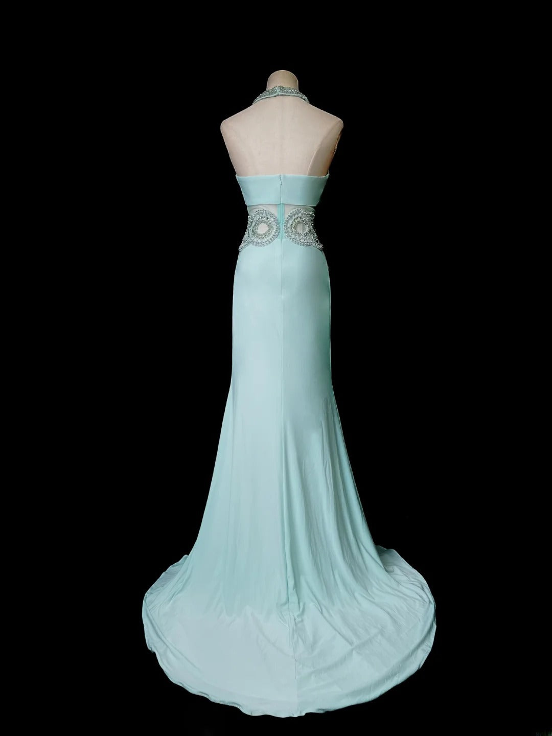 Vintage 70s Prom Dresses Mermaid Halter Tiffany Blue With Silver Beading Long Party Dress Formal Outfits RB5920