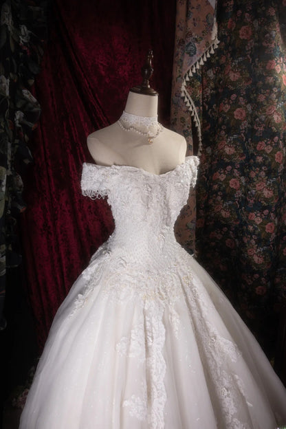 Vintage Ball Gown Off The Shoulder 1950s White Tulle With Lace Long Autumn Brides Gown Bridal Dress Wedding Dresses RB8125