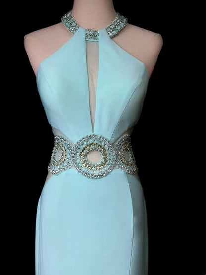 Vintage 70s Prom Dresses Mermaid Halter Tiffany Blue With Silver Beading Long Party Dress Formal Outfits RB5920