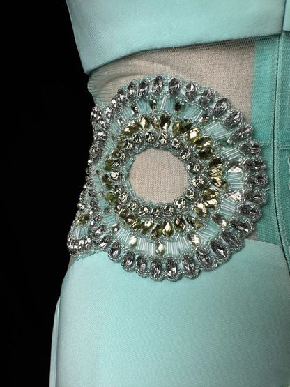 Vintage 70s Prom Dresses Mermaid Halter Tiffany Blue With Silver Beading Long Party Dress Formal Outfits RB5920