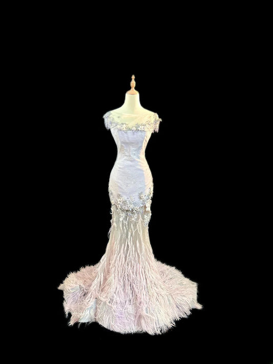 Vintage Style Mermaid Scoop 1950s Satin With Feathers Brides Gown Bridal Dress Long Wedding Dresses RB5784