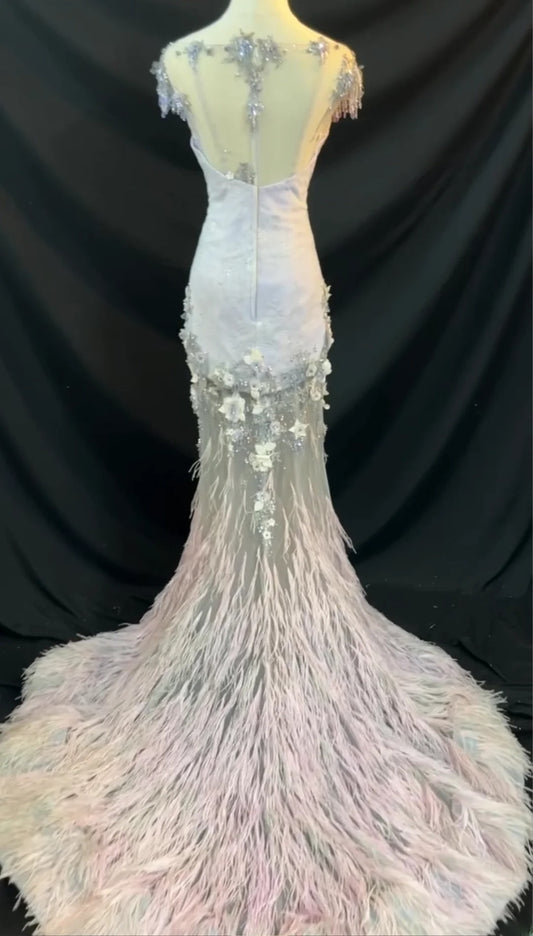 Vintage Style Mermaid Scoop 1950s Satin With Feathers Brides Gown Bridal Dress Long Wedding Dresses RB5784
