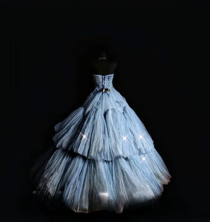 Cute Ball Gown Strapless Blue Tulle Long Quinceañera Dress Moda 2000 15 Quinceanera Dresses Ideas Sweet 16 Outfit RB7095
