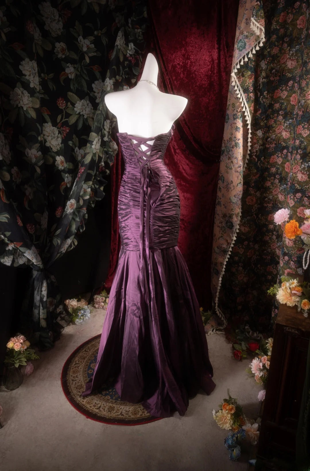 Elegant Mermaid Strapless Purple Satin With Pleated Long Prom Dresses Formal Outfit Evening Night Dress RB8126