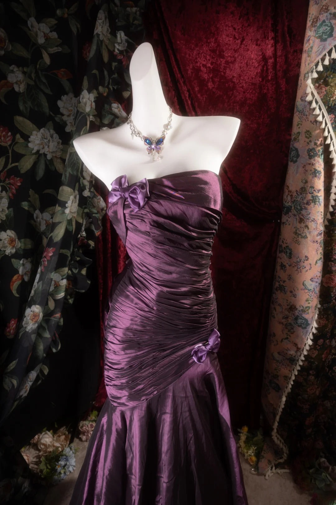 Elegant Mermaid Strapless Purple Satin With Pleated Long Prom Dresses Formal Outfit Evening Night Dress RB8126