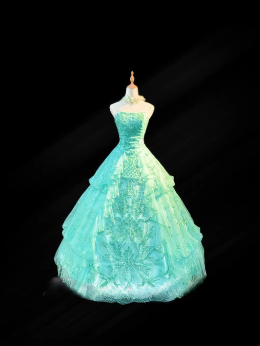 Bescheidenes Ballkleid Trägerlos Blau mit gestuften Lagen Ärmellos Lang Sweet 16 Kleider Siebzehn Quince Kleid RB3571