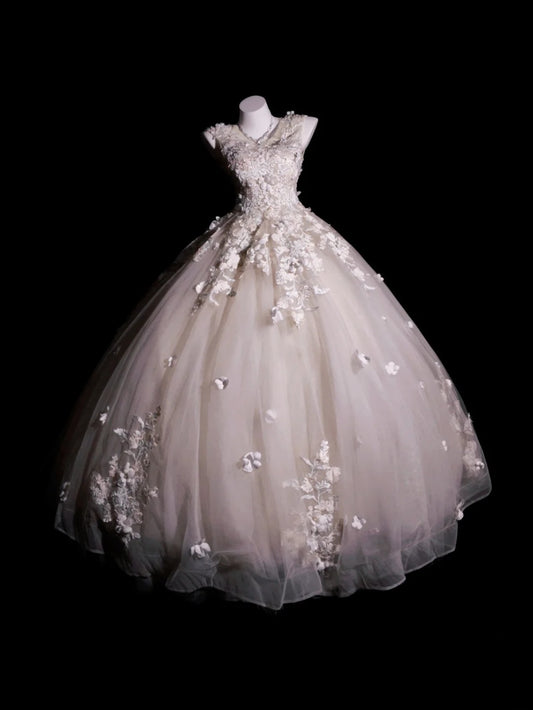 Hellrosa Ballkleid, Abendkleid mit V-Ausschnitt, Applikationen, dezent, formell, RB9909
