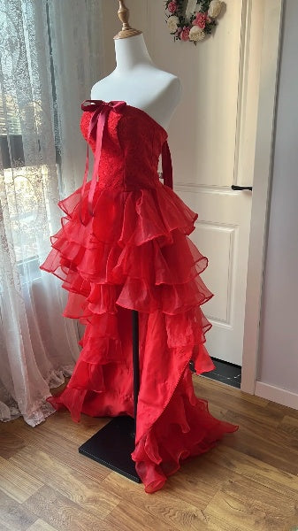Rotes trägerloses High-Low-Abendkleid mit Schleife für Damen, formelles Ballkleid RC0478