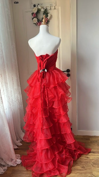 Rotes trägerloses High-Low-Abendkleid mit Schleife für Damen, formelles Ballkleid RC0478
