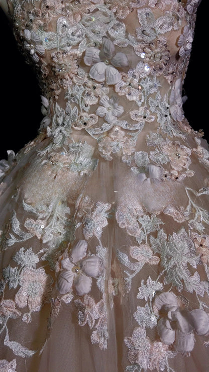 Light Blush Pink Prom Dress Ball Gown V Neck With Appliques Modest Formal Party Gown RB9909