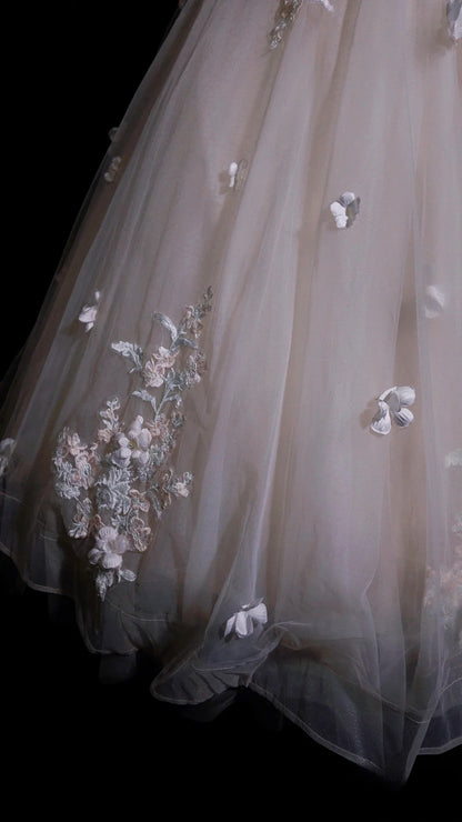 Light Blush Pink Prom Dress Ball Gown V Neck With Appliques Modest Formal Party Gown RB9909