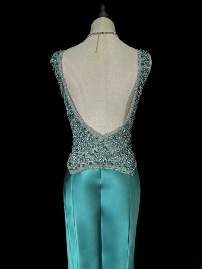 Vintage 70s Prom Dresses Mermaid Scoop Dark Green Satin With Open Backs Beading Long Party Dress Formal Outfits RB5922