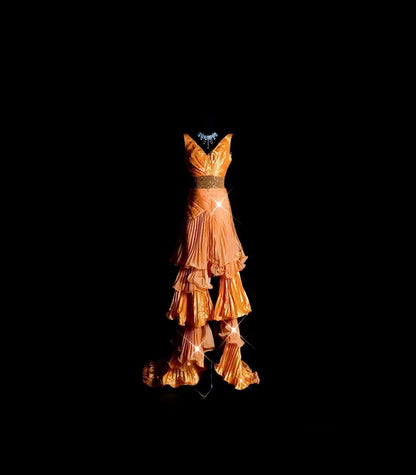 Vintage High Low V Neck Orange With Tiered Layers Prom Dress Formal Dress Party Dresses RB7097
