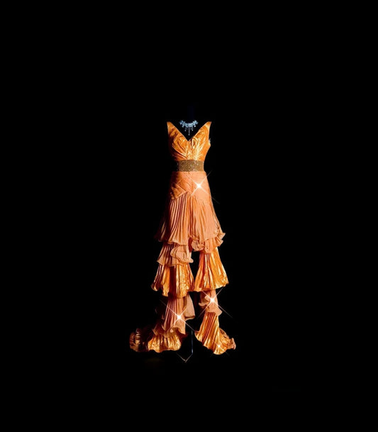 Vintage High Low V Neck Orange With Tiered Layers Prom Dress Formal Dress Party Dresses RB7097