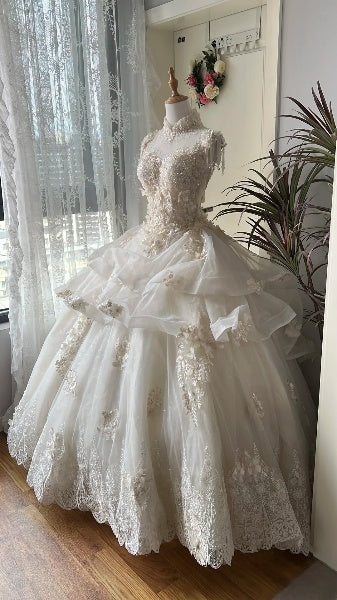 Princess Wedding Dress Ball Gown High Neck Tulle White With Appliques Floor Length Bridal Gown RC0479