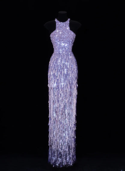 Elegantes, formelles Etuikleid mit U-Boot-Ausschnitt, lila Pailletten und Quasten – ein beeindruckendes langes Ballkleid oder Abendkleid SA113
