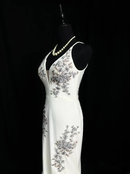 Vintage 70s Prom Dresses Mermaid Spaghetti Strap White Satin With Appliqued Beading Long Party Dress Formal Outfits RB5923