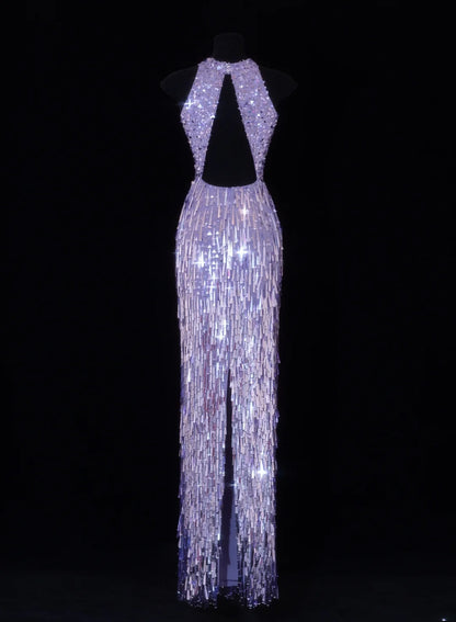 Elegantes, formelles Etuikleid mit U-Boot-Ausschnitt, lila Pailletten und Quasten – ein beeindruckendes langes Ballkleid oder Abendkleid SA113