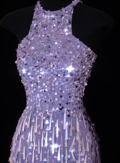 Elegantes, formelles Etuikleid mit U-Boot-Ausschnitt, lila Pailletten und Quasten – ein beeindruckendes langes Ballkleid oder Abendkleid SA113