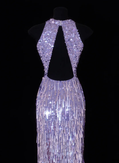 Elegantes, formelles Etuikleid mit U-Boot-Ausschnitt, lila Pailletten und Quasten – ein beeindruckendes langes Ballkleid oder Abendkleid SA113