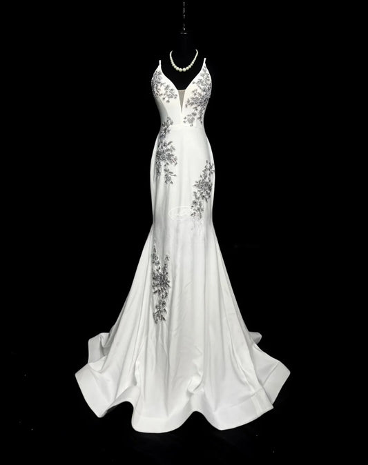 Vintage 70s Prom Dresses Mermaid Spaghetti Strap White Satin With Appliqued Beading Long Party Dress Formal Outfits RB5923