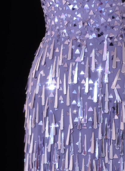 Elegantes, formelles Etuikleid mit U-Boot-Ausschnitt, lila Pailletten und Quasten – ein beeindruckendes langes Ballkleid oder Abendkleid SA113