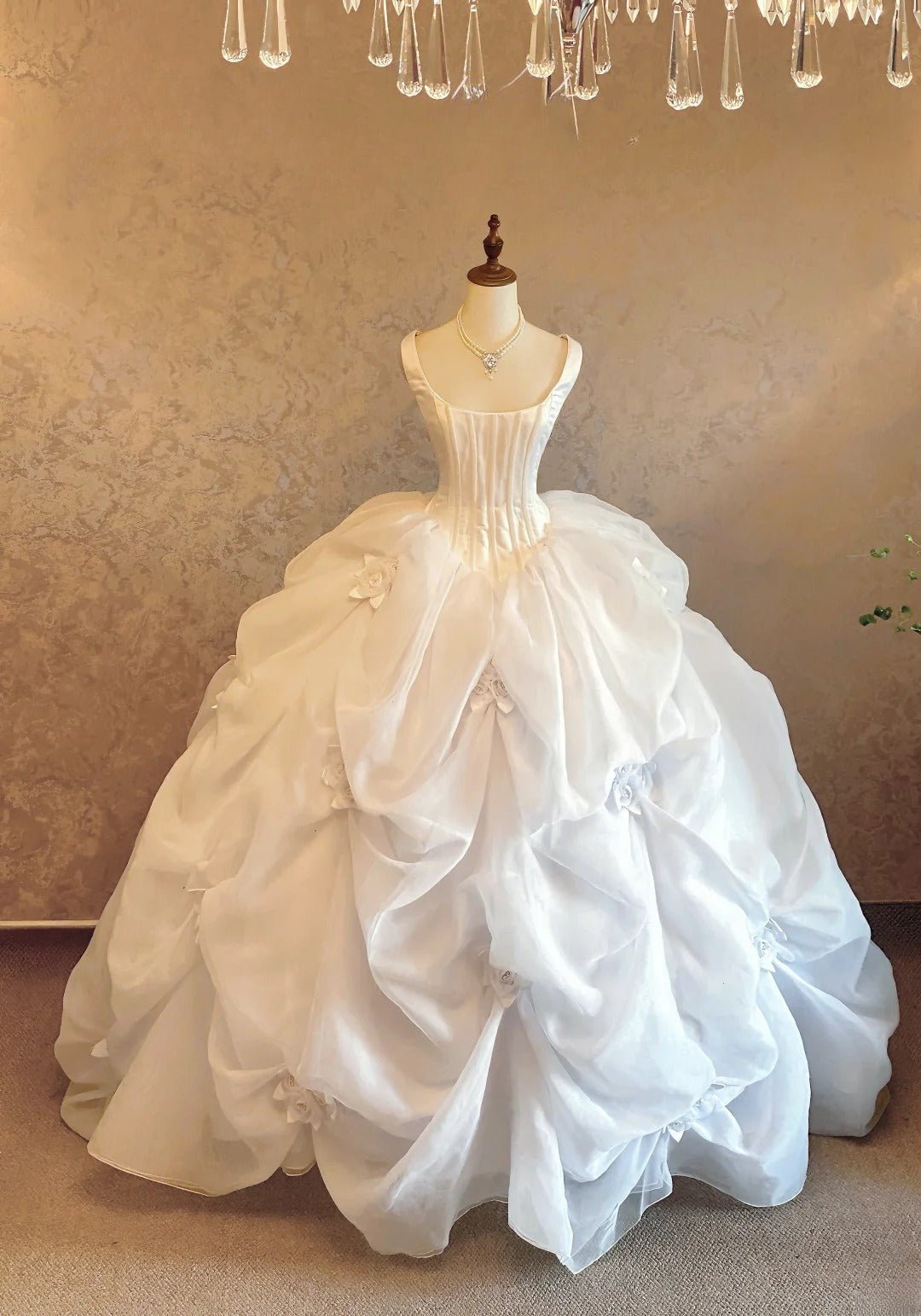 Princess Ball Gown Square Neck White Tulle With Flowers Floor Length Long Bridal Gown RB9080