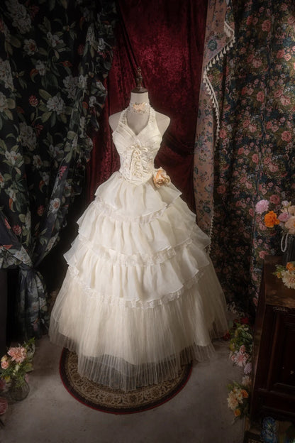 Cute Ball Gown Halter Cream Ivory Chiffon With Tiered Flowers Long Quince Dress Quinceanera Dresses Formal Birthday Outfits RB8129