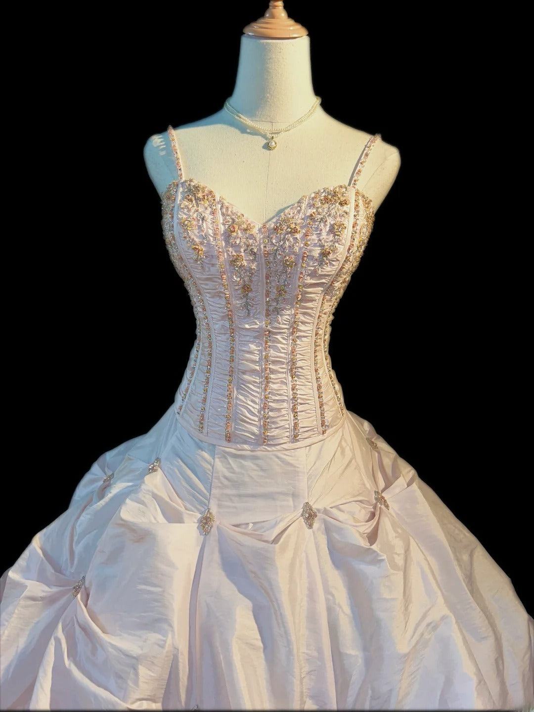 Robe de bal modeste, bretelles fines, rose poudré avec perles, sans manches, longue, pour Robe de bal douce 16 ans, Dix-sept, Robe de Quinceañera RB3573