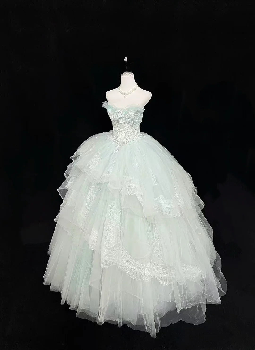 Princess Ball Gown Sweetheart Light Mint Green With Tiered Layers Quince Dress Voluminous Sweet 16 Sweet Sixteen Outfits Vestido de 15 RB7484
