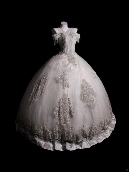 Vintage Wedding Dress Ball Gown Off Shoulder Tulle Lace White With Sleeves Bridal Gown for Big Day RB9911