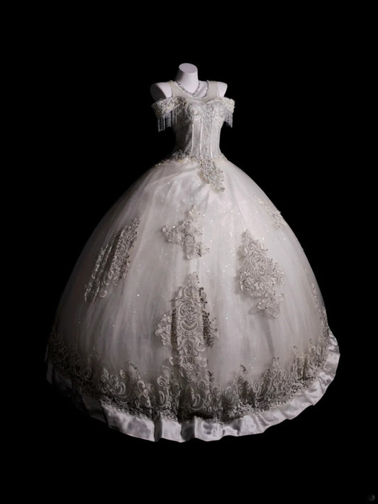 Vintage Wedding Dress Ball Gown Off Shoulder Tulle Lace White With Sleeves Bridal Gown for Big Day RB9911